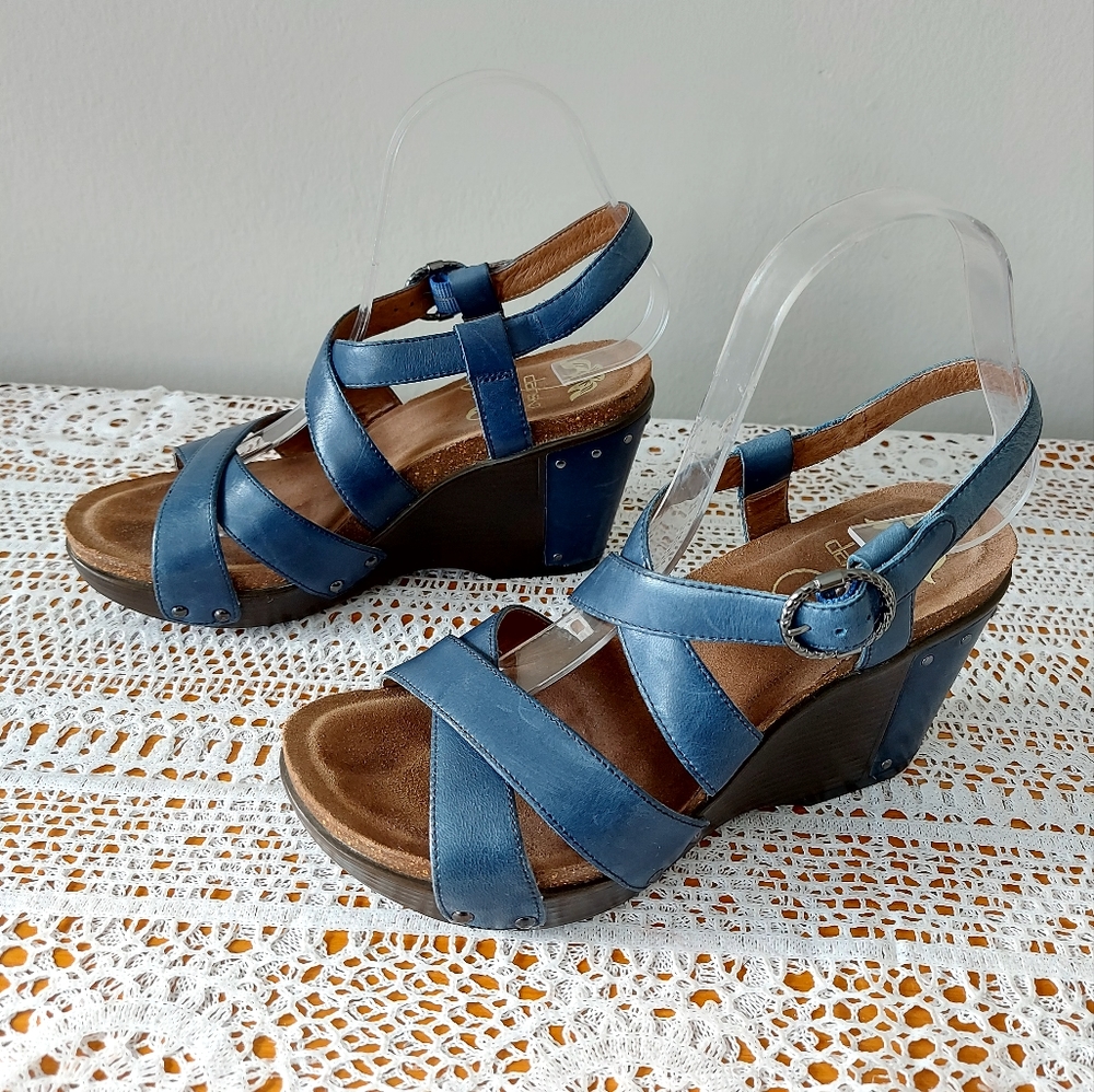 Dansko Blue Leather Wedge Sandals